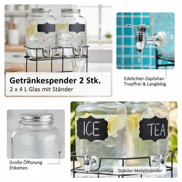 Glas Drikke Dispenser, 4L Kapacitet, Robust Stativ,Gennemsigtig
