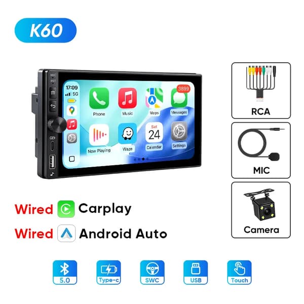Bilradio, Touchskærm, Smartphone Integration,K60 Kablet+MIC+KAMERA