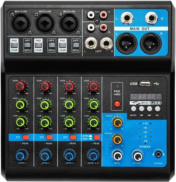 Lydmixer, 5-kanals, USB og Bluetooth-forbindelse,sort