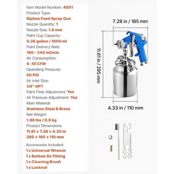 Siphon Malepistol, 1.8mm Dyse, Justerbar Flow Rate,Sølv