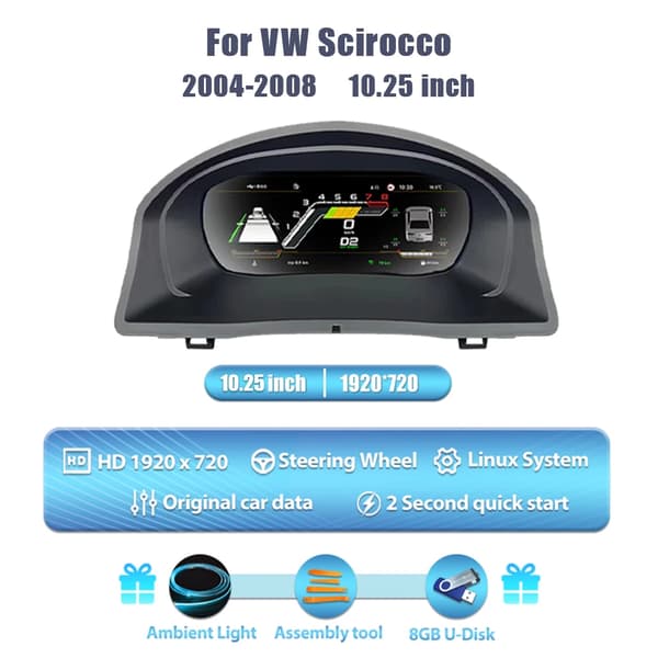 Digital Dashboard, 10,25 Tommer LCD Skærm, Flersproget Support,Til Scirocco 04-08