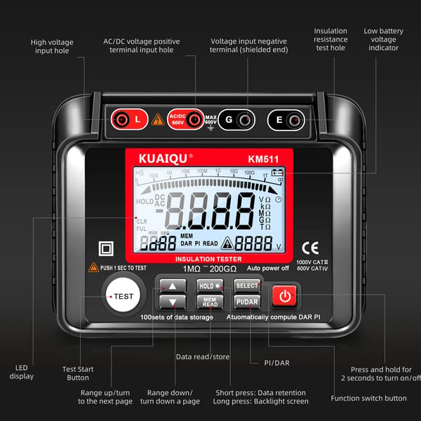Isolationsmodstandstester, 1MΩ til 200GΩ område, LCD-display,KM511