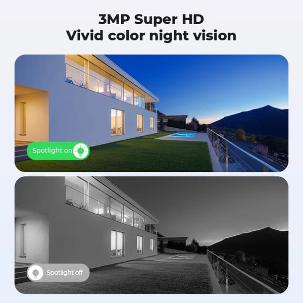 IP-kamera, 3 megapixlar, 90° synvinkel, 8x digital zoom, väderbeständig IP66, stöder Android och iOS