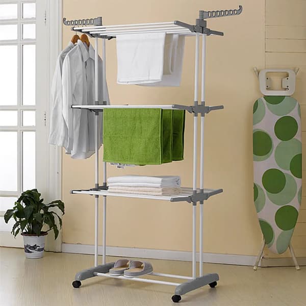 Tøjstativ, Rustfrit Stål, 3 Niveauer, 18 Meter Tørrerum, 2 Sidevinger, Sammenklappeligt Design