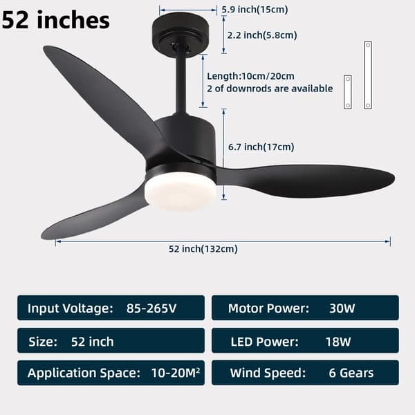 Loftventilator, Smart Kontrol, Justerbart Lys,Sort-52 inches
