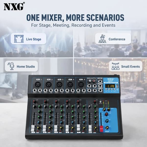 Lydmixer, 7 Kanaler, Bluetooth-forbindelse, 3-bånds equalizer, 48V phantom strøm, kompakt design
