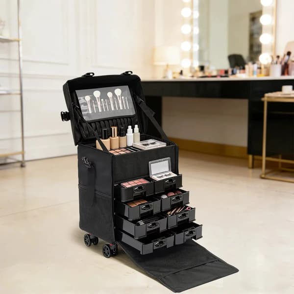 Makeup Organizer, Holdbar Multi-Layer Design, Bærbar med Hjul,sort