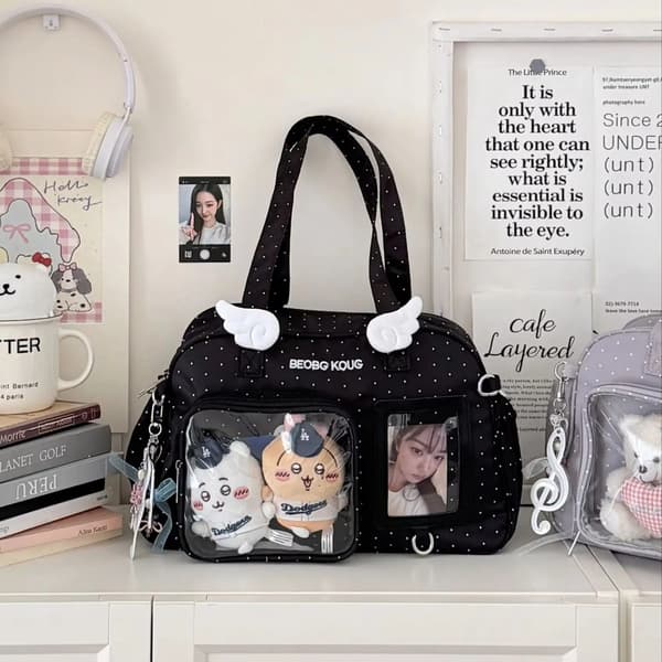 Skuldertaske, Vinge Dekor, Vandafvisende,sort polka dot-a, ingen tilbehør-b