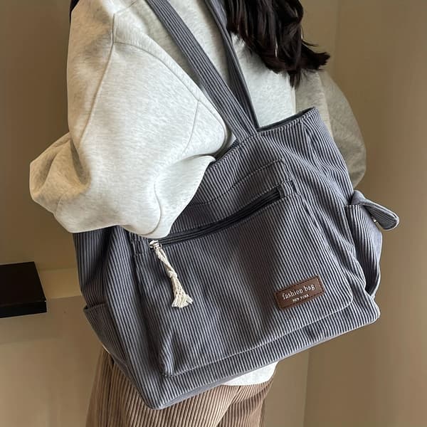 Tote Bag, Corduroy Material, Rummelig Indvendig,GRÅ
