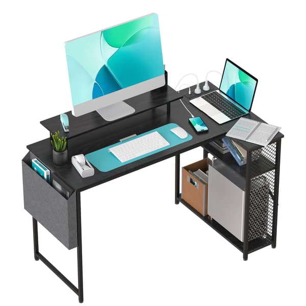 Computerbord, L-formet design, integrerede strømløsninger,Sort-100*70*75cm
