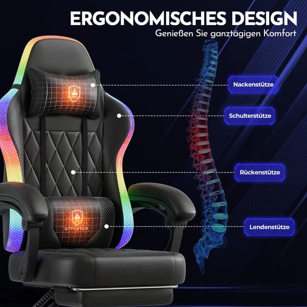 Gamingstol, RGB LED-belysning, Ergonomisk design,SORT