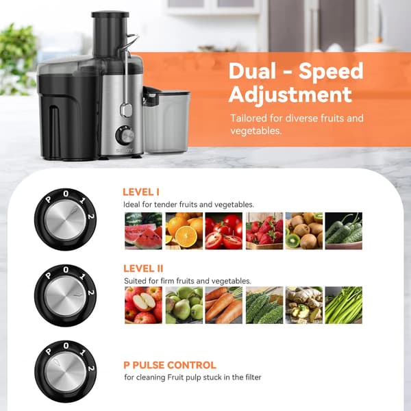 Juicer, Dobbelt Hastighedsindstillinger, Nem at Rengøre,sort