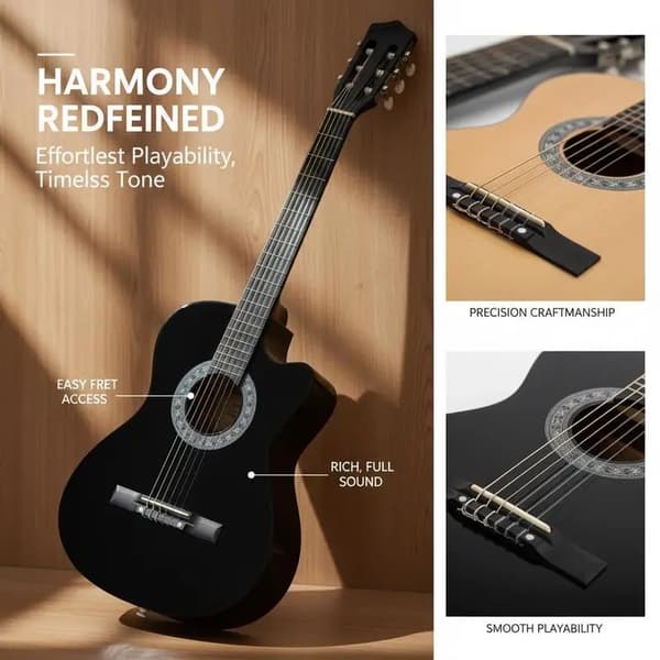 Klassisk Guitar, Massiv Trækonstruktion, Cutaway Design,Sort