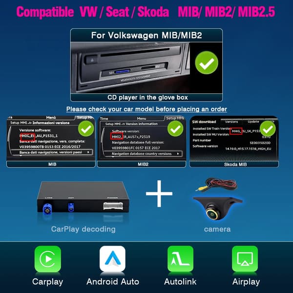 Multimedia Lisälaite, Tukee CarPlayta, Android Autoa,MIB MIB2:lle + Kamera