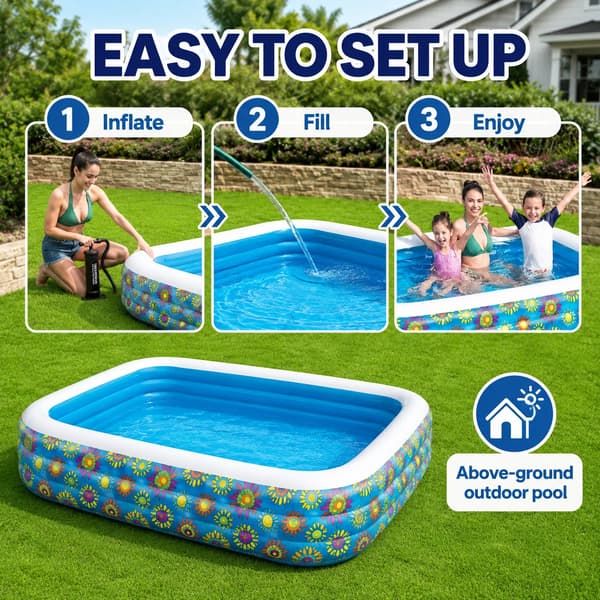 Uppblåsbar Familjebassäng, Rektangulär Design, Hållbart Material,Blå