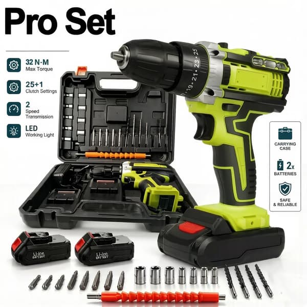 Sladdlös Borrmaskin, 21V Ström, Dubbel Hastighetskontroll, 2 Batterier C– Pro