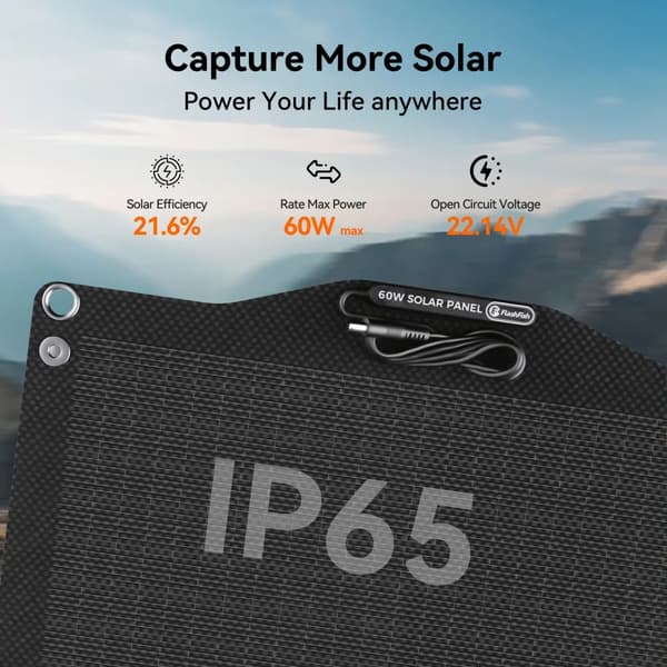 Solpanel, 60W Maksimal Effekt, 18V Spænding, 3.34A Strøm, IP65 Beskyttelse, 21.6% Effektivitet