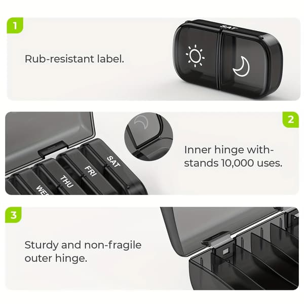 Pilleorganisator, 7-dages design, nem adgang til rum,sort