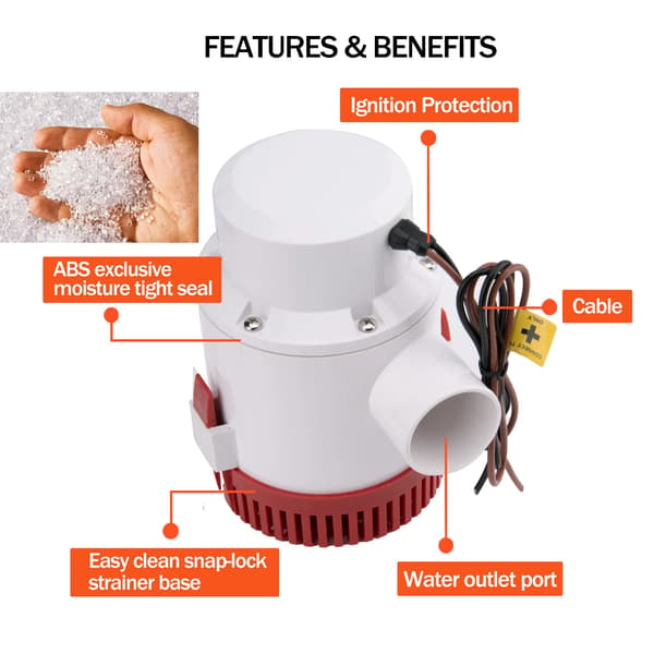 Bilge Pump, 12V, 4700 GPH Flödeshastighet, 2" Utloppsdiameter, Max Höjd 8m, 16A Ström