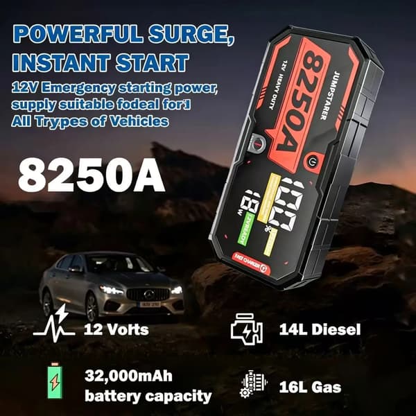 Bil Jump Starter, 32000mAh Batteri, LED Nødlys,8250A