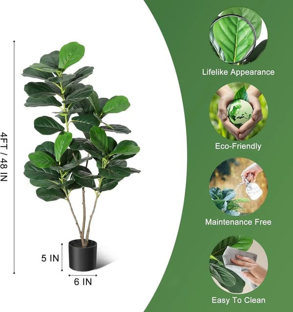 Fiddle Leaf Fig Träd, Realistisk Design, Inomhus- och Utomhusbruk,48IN