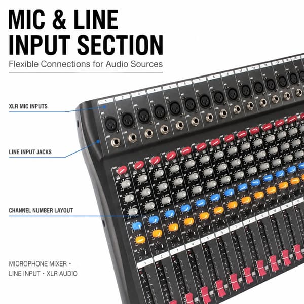 Lydmixer, 16 Kanaler, 48V Phantom Strøm, Indbygget DSP Effekter, Bluetooth Integration, LED Skærm