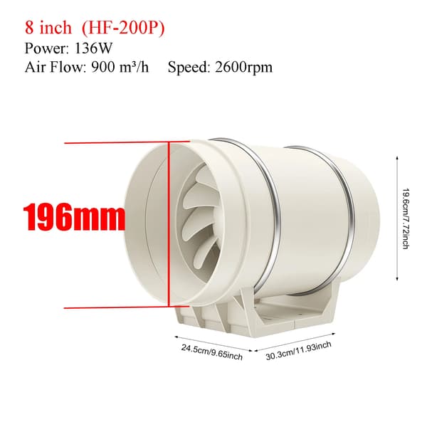 Inline ventilator, høj luftstrøm, stille drift,EU-c, 220 V-c, 200mm Hvid