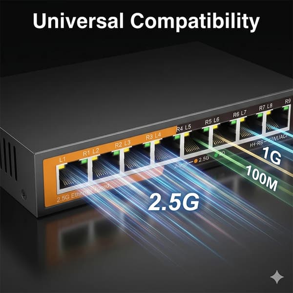 Ethernet Switch, 9-Port Konfiguration, Højhastighedsforbindelse,8x2.5GbE 1x10G SFP