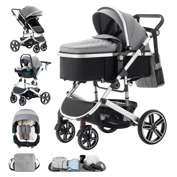 Barnvagn, Kompakt 3 i 1 Design, Stötdämpande Funktion, SK21-GRÅ