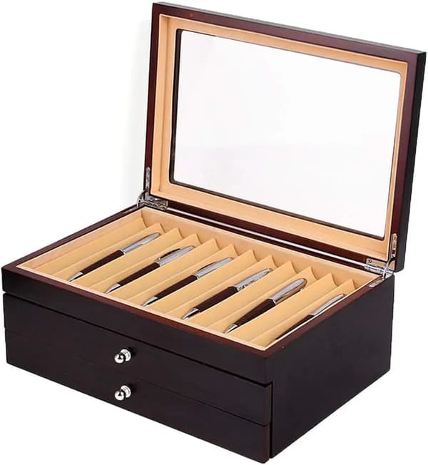 Pen Organizer, Træ Display Case, Tre Lags Opbevaring,sort