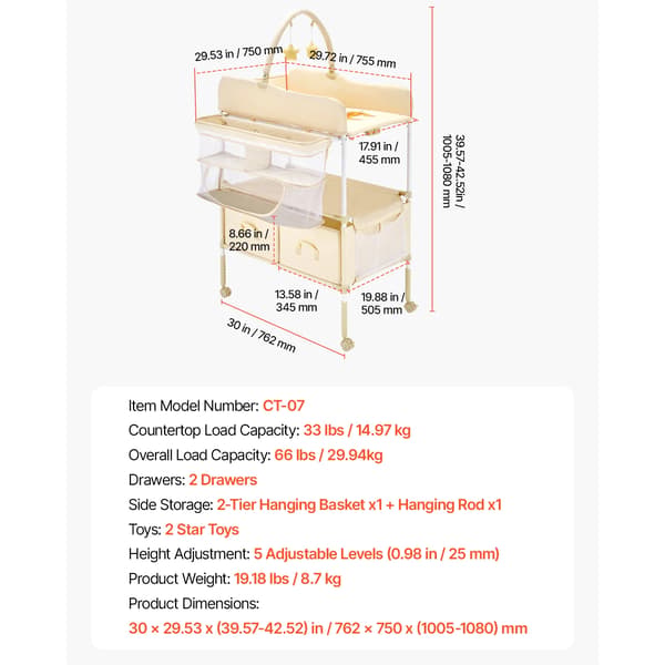 Skötbord, Justerbar Höjd, Fällbar Design,Beige H-form