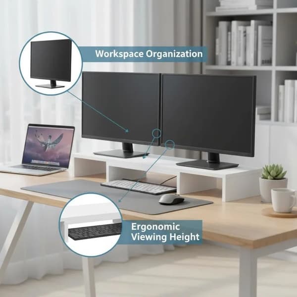 Dubbel bildskärmsställ, integrerad förvaring, ergonomisk design,Vit