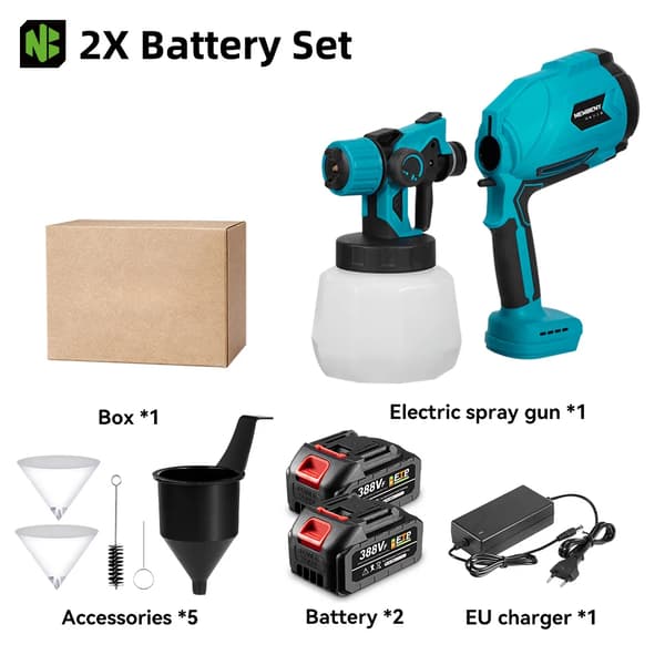 Färgspruta, Justerbar Flödeskontroll, Mångsidiga Sprutmönster, 2xBatteri Set