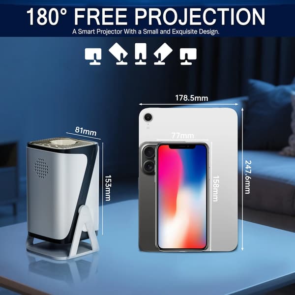 Projektor, 1080P HD Opløsning, Wi-Fi & Bluetooth Forbindelse,EU stik, hvid sort