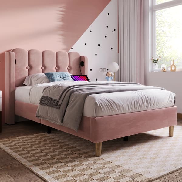Säng, Sammetmaterial, USB Typ-C Laddning,Rosa, 90*200cm