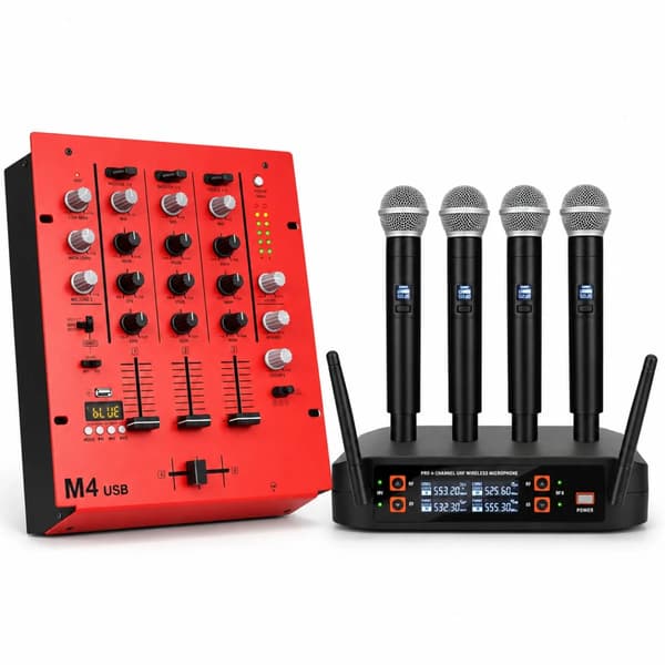Lydmixer, 3-kanals, inkluderer 4 trådløse mikrofoner,M4-1