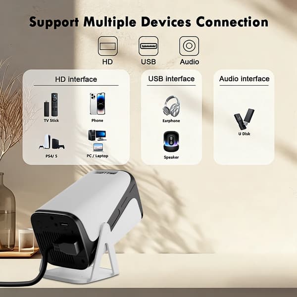Projektor, 1080P HD Opløsning, Wi-Fi & Bluetooth Forbindelse,EU stik, hvid sort
