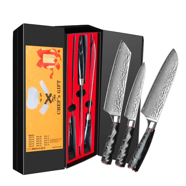 Kniv Sæt, Damascus Stål, Ergonomisk G10 Håndtag,3-delt sæt