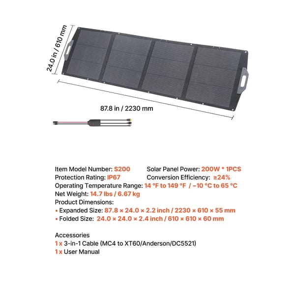 Sammenklappeligt Solpanel, Høj Effektivitet, Bærbart Design,1x200W