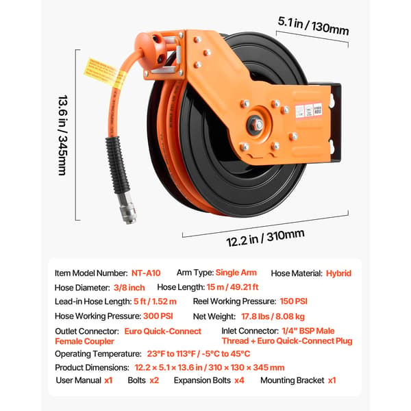 Luftslange Trommel, 15m Længde, 300 PSI Kapacitet,15m