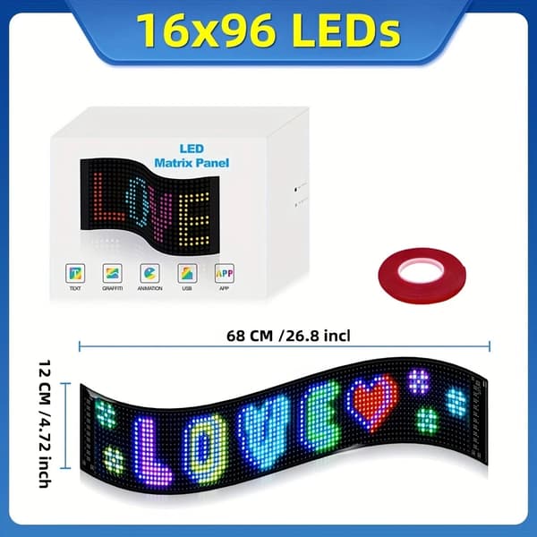 LED Matrix Panel, APP Kontrol, Tilpasset Tekst Animation,12X68CM