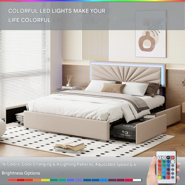 Seng, LED-belysning, Justerbart hoved,160×200cm, Beige