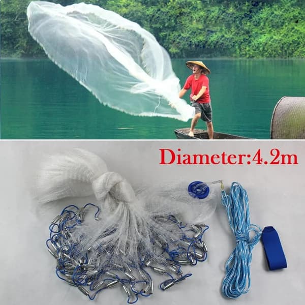 Fiskekastnät, 4,2 m diameter, hållbart och lätt att använda,VIT