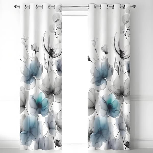 Gennemsigtige Gardiner, Blomsterprint Design, Sæt af 2 Paneler,Søblå, 2 paneler