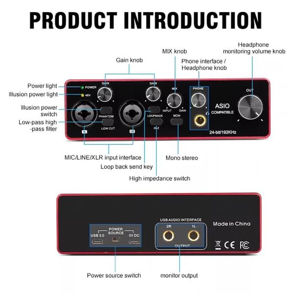 Lydinterface, Bærbart Design, 24Bit/192KHz Opløsning, Dual XLR Indgange, ASIO-Kompatibel, 48V Phantom Strøm