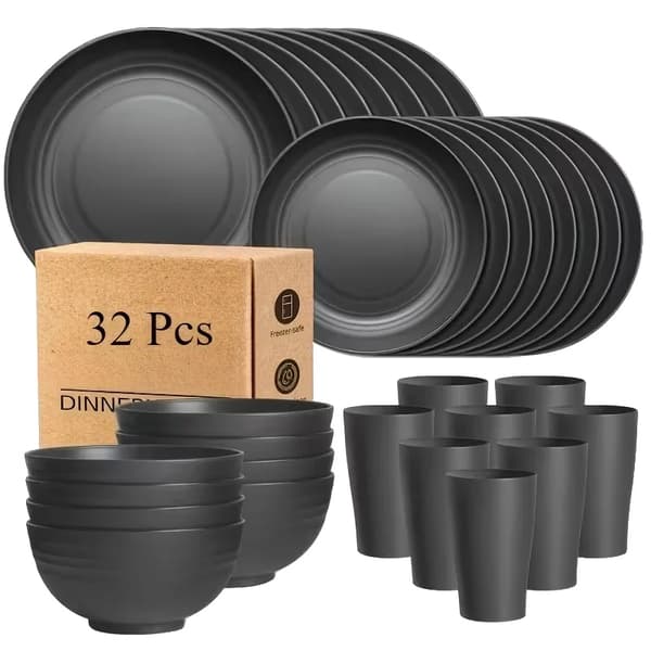 Plastservis, Middagstallrikar, Skålar,32PCS-BLACK