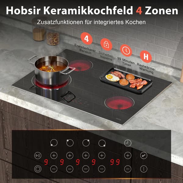 Glaskeramikhäll, 4 Matlagningszoner, Touchkontroll,svart