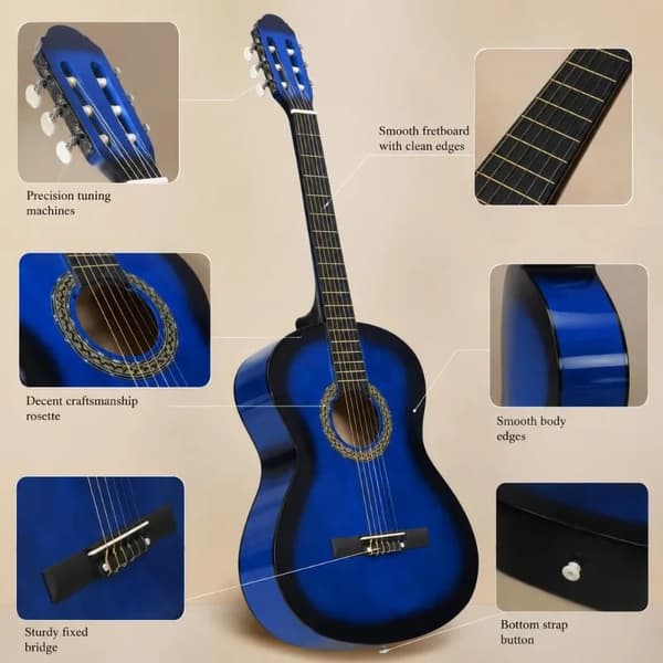 Klassisk Gitarr, Solid Basswood Konstruktion, Inkluderar Bärväska,Blå