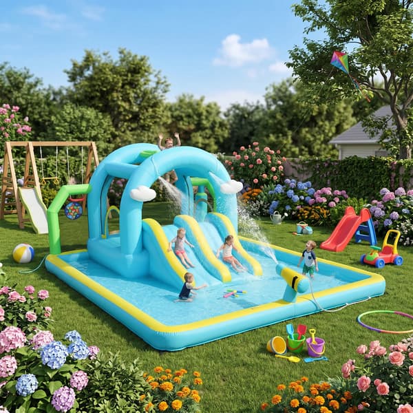 Uppblåsbart Vattenkastell, 2 Rutschkanor, Trampolin, Blå