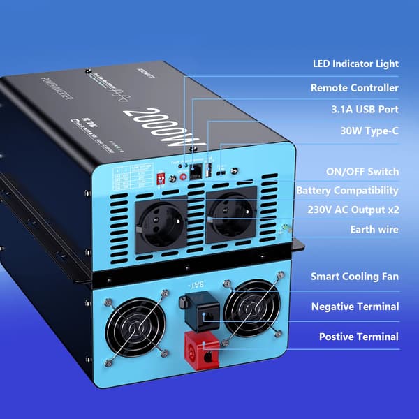 Strömväxlare, Pålitlig 2000W, LCD-display,12V 2000W (4000W Peak)